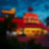 Vibrant highway casino exterior at dusk