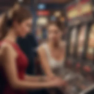 A dynamic scene capturing players engaging with slot machines