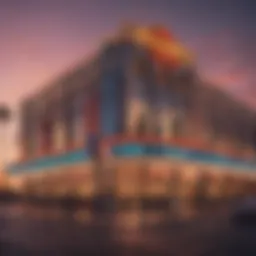 Exterior view of a vibrant casino at sunset