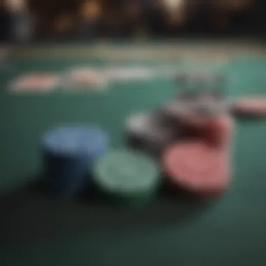 Close-up of poker chips and cards on a table