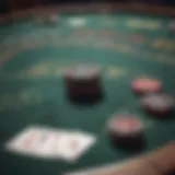 The strategic layout of a poker table with chips and cards.