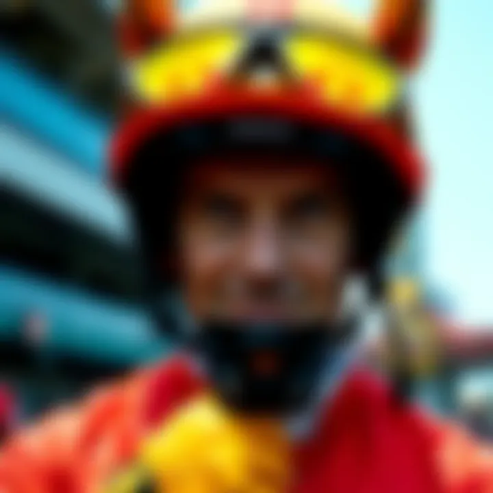 A close-up of a jockey preparing for a race at Golden Gate Fields